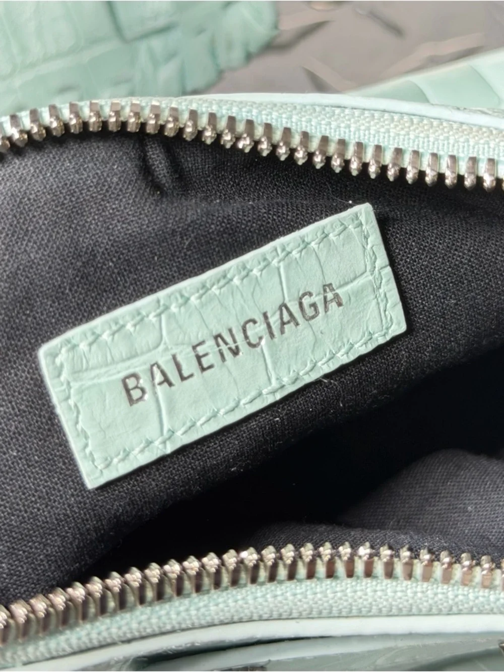 Balenciaga Supple Calfskin Croc Embossed Le Cagole Shoulder Bag in Green Aqua - Picture 9 of 11